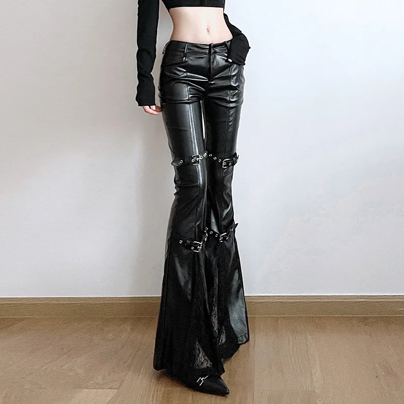 Calça feminina de couro PU, fi - Vintage Fashion Aesthetic avaliação e preço